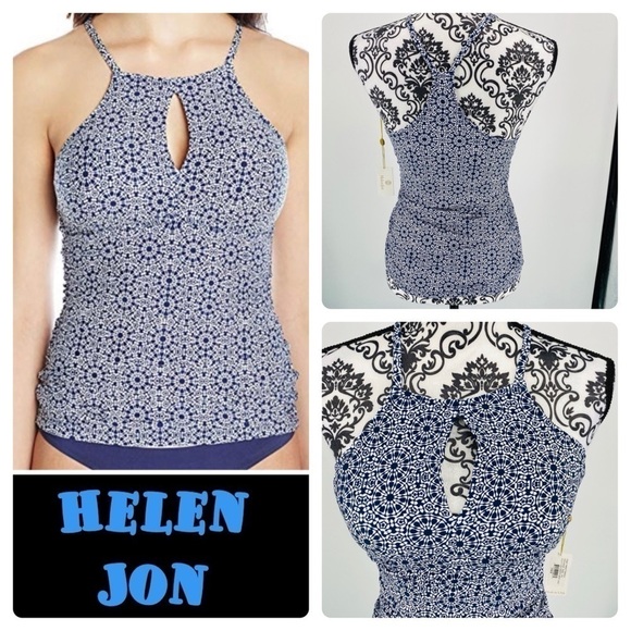 Helen Jon Blue and white Montauk High Neck Tankini geometric. Swim summer beach - Picture 1 of 8
